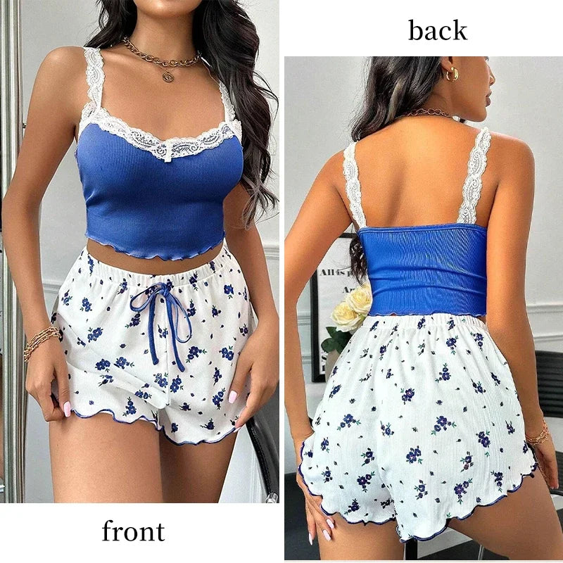 Zweiteiliges Sommer-Pyjama-Set für Damen, gerippt, gestrickt, Blumendruck, Spitzenbesatz, Leibchen, Weste und Schleifen-Shorts, sexy Pyjama-Set