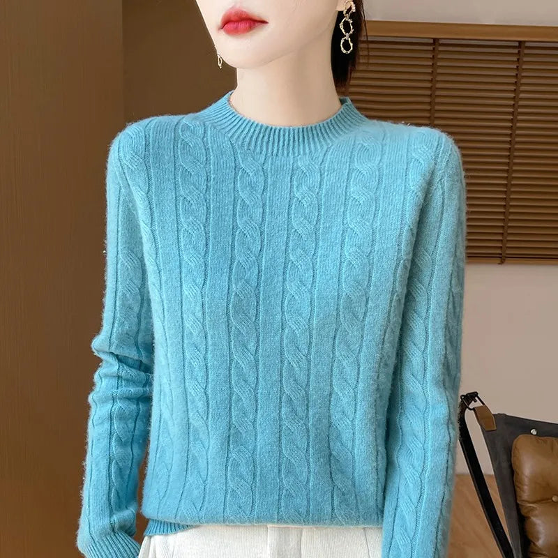 Frauen 100% Merino Wolle Verdickung Pullover Oansatz Gestrickte Twisted Pullover Herbst Winter Kaschmir Langarm Kleidung Basis Tops