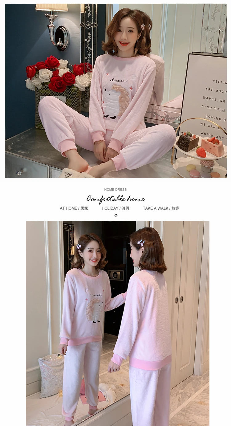 Herbst Winter neue Flanell weiche warme Frauen Pyjamas Rundhals ausschnitt Langarm Frauen zweiteilig Set niedlichen Druck Pyjama Anzug Frauen