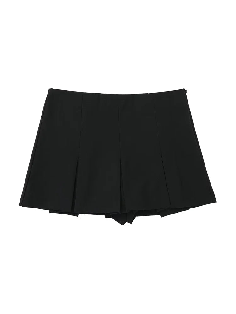 Women Fashion With Pleated Shorts Skirts Vintage High Waist Side Zipper Female Skort Mujer.