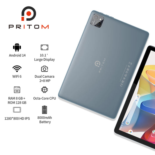 PRITOM Android 14 Tablet 10.1 Inch, 8GB(4+4 Expand) RAM + 128GB ROM, Octa Core, 5G WiFi, with Keyboard, Mouse, Case.
