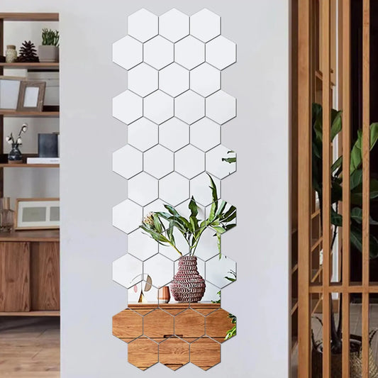 12PCS/Lot Removable Geometric Mirror Wall Stickers - Solid Hexagonal Shape, DIY with Built-in Adhesive for Home Decoration.