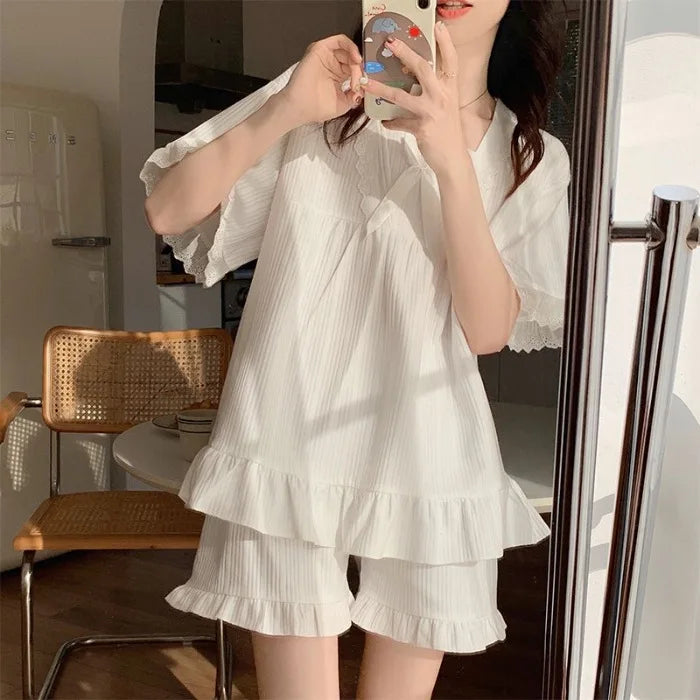 Palast Stil Pyjama Damen Sommer Lounge wear Set kurz ärmelig mit Kissen koreanische kleine süße Freundinnen Lounge wear Set