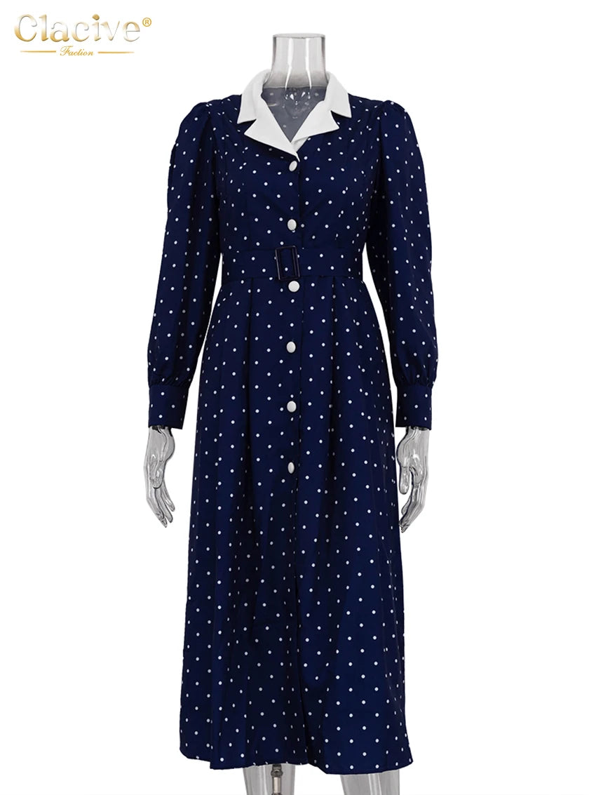 Clacive Mode Lose Druck Frauen Kleid 2025, Casual Revers Langarm Büro Dame Midi Kleider Elegante Klassische Gürtel Weibliche Kleid