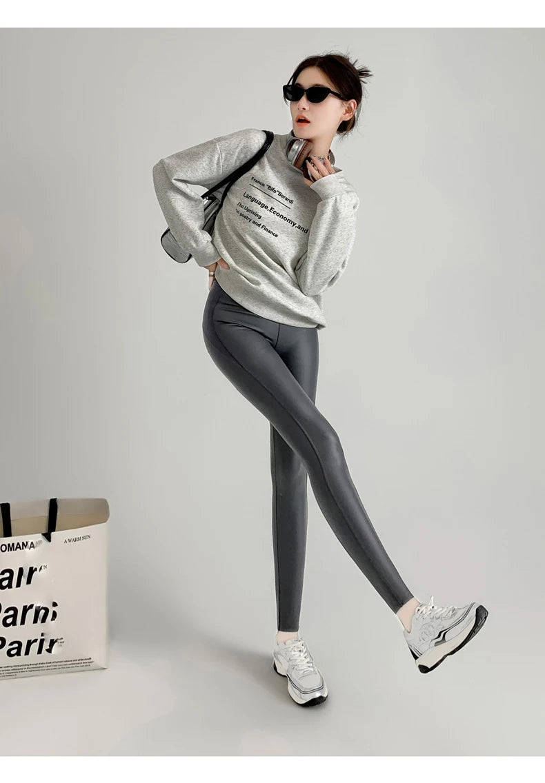 BIVIGAOS Herbst Neue Enge Stretch Leder Hosen Frauen Sharkskin Hohe Taille Spleißen PU Leder Fleece Sexy Leggings Winter Warm