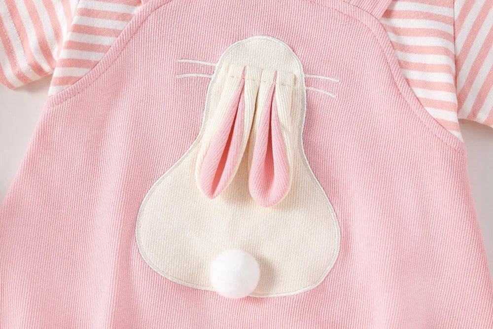 2024 Sommer Baby Mädchen Kleidung niedlichen Hasen falsch zweiteiligen Bodysuit Kleinkind Streifen Patchwork einteilige Kleidung