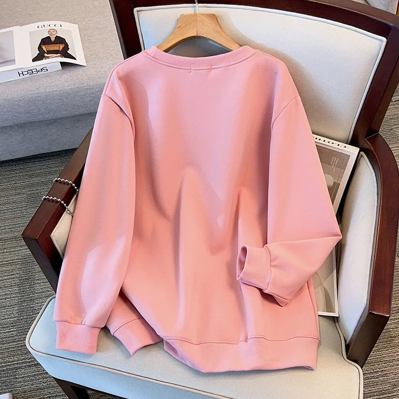 175 kg Plus Size Damen Büste 170 Frühling Herbst Lose Rundhals Langarm Bedrucktes Sweatshirt Schwarz Rosa 5XL 6XL 7XL 8XL 9XL