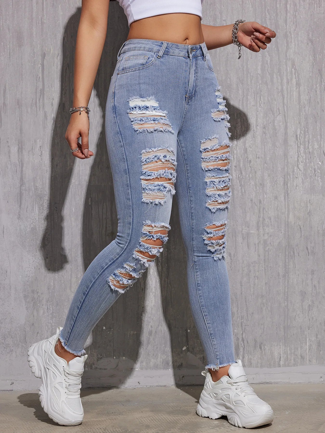 2025, Frühlings-Röhrenjeans mit hoher Taille für Damen – Stretch-zerrissene hellblaue Denim-Hose, knöchellange Slim-Fit-Freizeithose XS-XXL