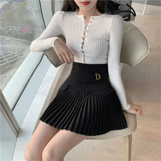 White Pleated Skirt Women High Waist Skater Skirt Female Korean A-Line High Fashion Casual Short Skirt Women Bottoms.