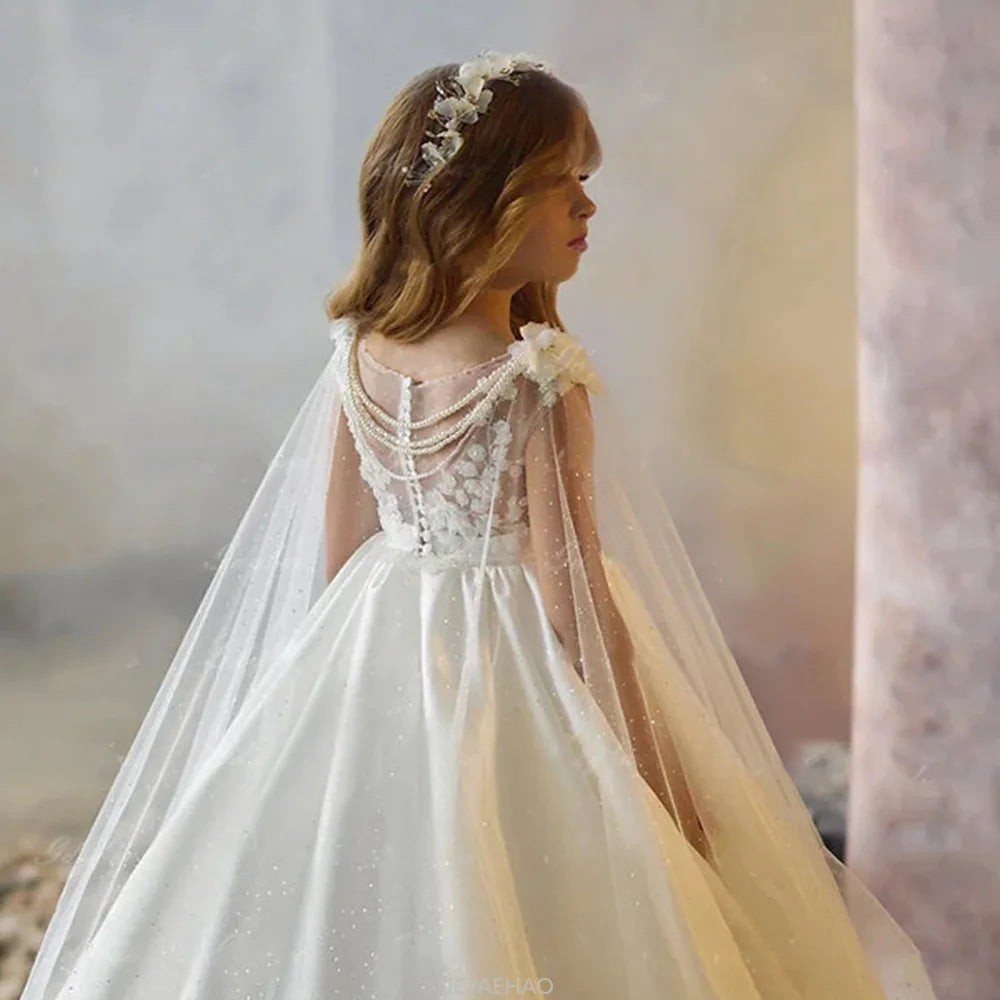 Weißes Mädchen-Hochzeits-Blumenmädchenkleid für Kinder, ärmellos, Ballkleid, langer Zug, Party, Festzug, Klavier, Rezital, Geburtstag, Leistung, Neu