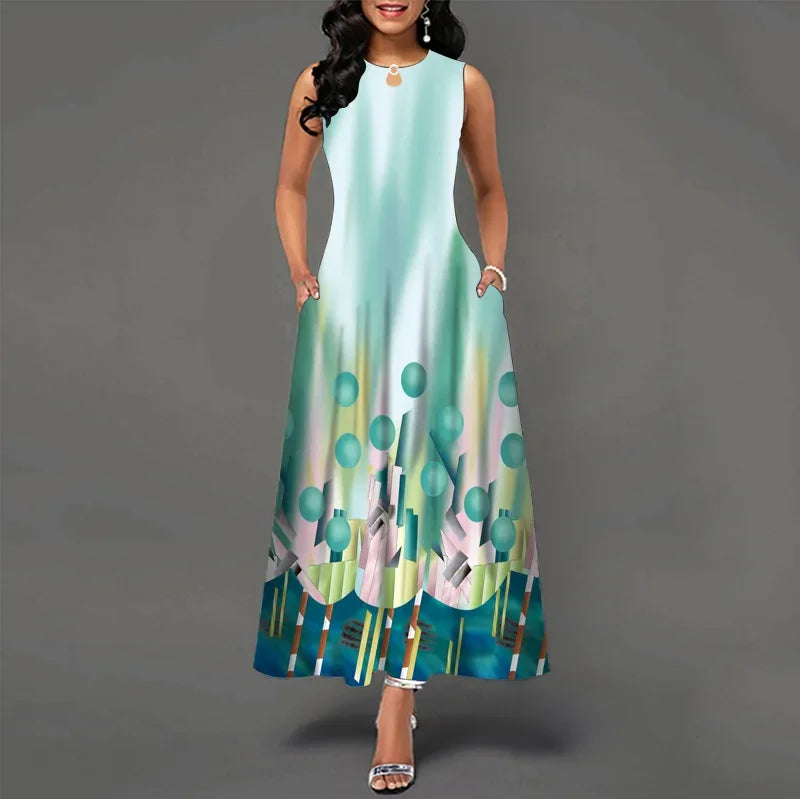 Blumendruck Neues lässiges ärmelloses langes Kleid Damen V-Ausschnitt bedrucktes Kleid Swing Bohemian Retro Kleider