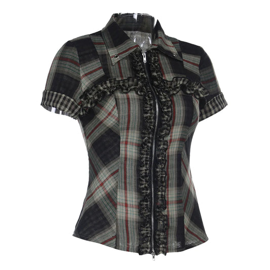 Summer Women Short Sleeve Crop Shirt Gyaru Plaid Blouse Coquette Y2k 2000s Tops Design Gyaru Harajuku Vintage Tide New In 2025.