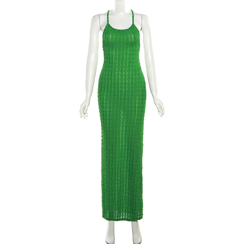Sexy Streifen Rippen Stricken Schlank Bodycon Maxi Kleid Frauen Ärmellose Backless Lange Popcorn NDress Elegante Club Party Vestidos