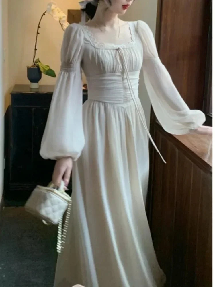 2024 Französisch elegante Prinzessin Abend party Midi Kleider für Frauen A-Linie schlanke Bandage Langarm Vestidos koreanische Frühlings kleidung