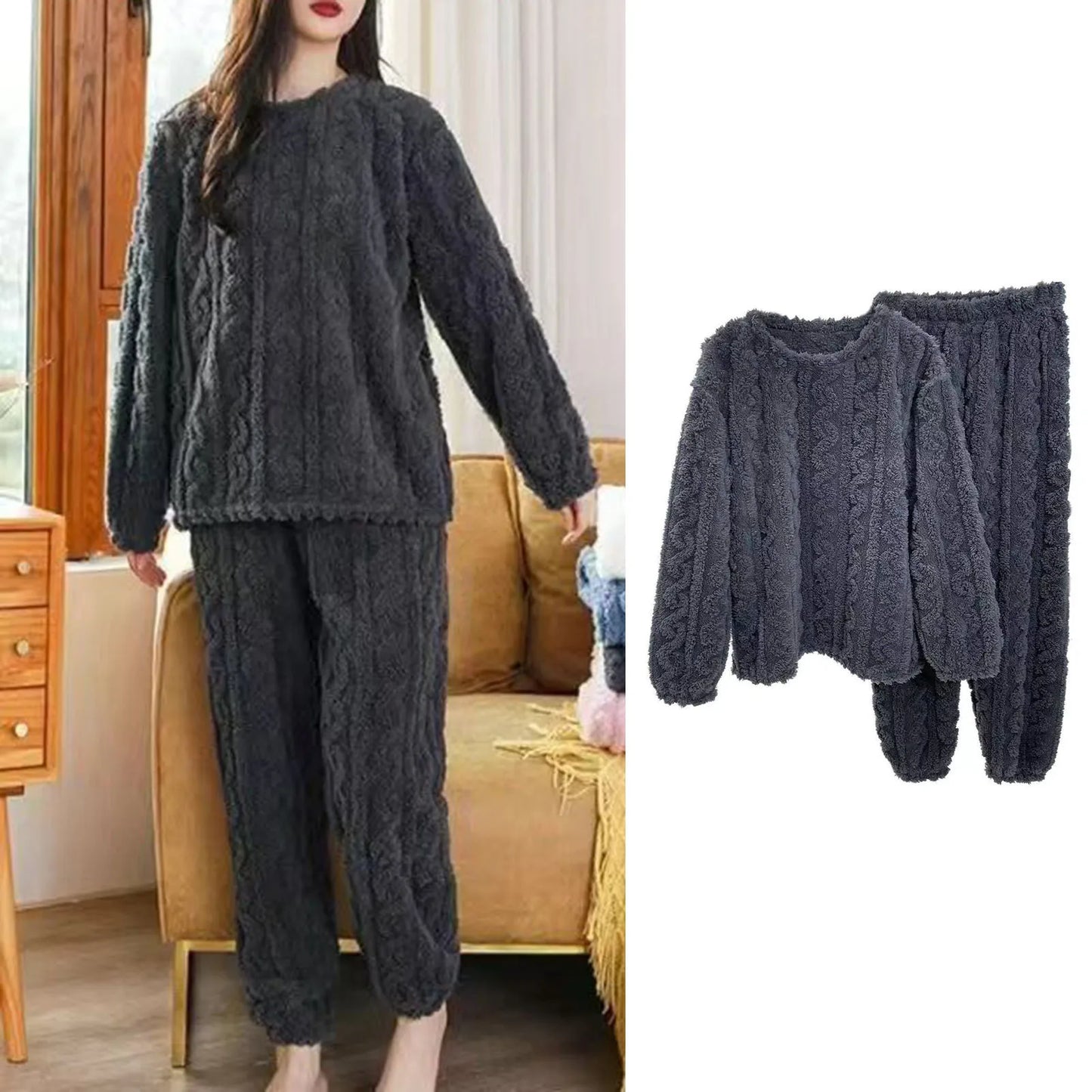 Winter-Pyjama-Set, stilvolles Winter-Pyjama-Set für Damen, warmer Plüsch, 2-teilige Nachtwäsche, bequeme Pullover-Hose für den Herbst