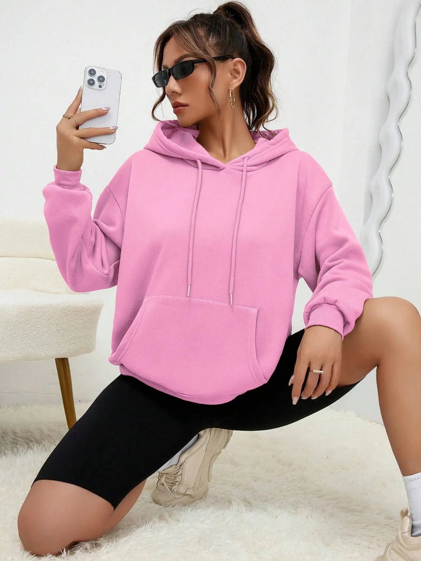 Einfarbiger Hoody für weibliche Herbst modische Kleidung lässige Fleece Tasche Hoodies mehrfarbige Unisex Frauen Streetwear