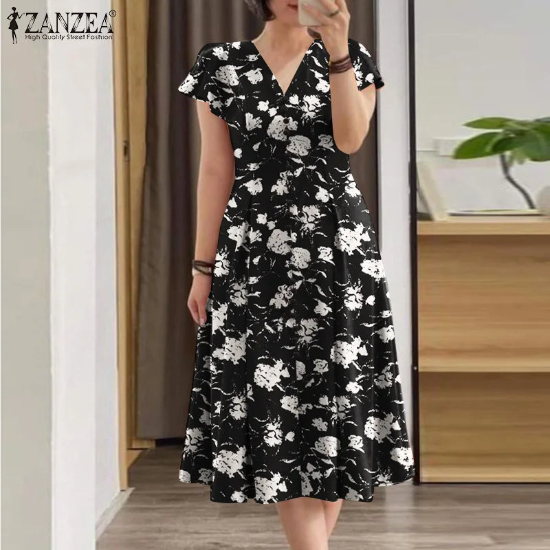 ZANZEA Damen-Sommerkleider, Rüschenärmel, V-Ausschnitt, Cinch-Taille, Damen, elegant, Blumendruck, Party, Pendeln, A-Linie, Midi-Sommerkleid