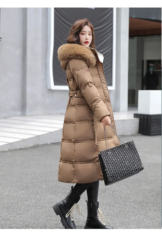 2024 neue Winter frauen Gepolsterte Jacken Mid-länge Modische Mit Kapuze Große Pelz Kragen Lose Dicke Unten Baumwolle Oberbekleidung damen.