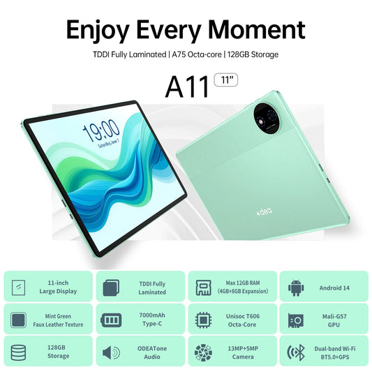 Odea A11 Android 14 Tablet Unisoc T606 Octa Core Max 12GB RAM 128GB ROM 11" IPS 7000mAh Type-C 13MP Camera GPS.