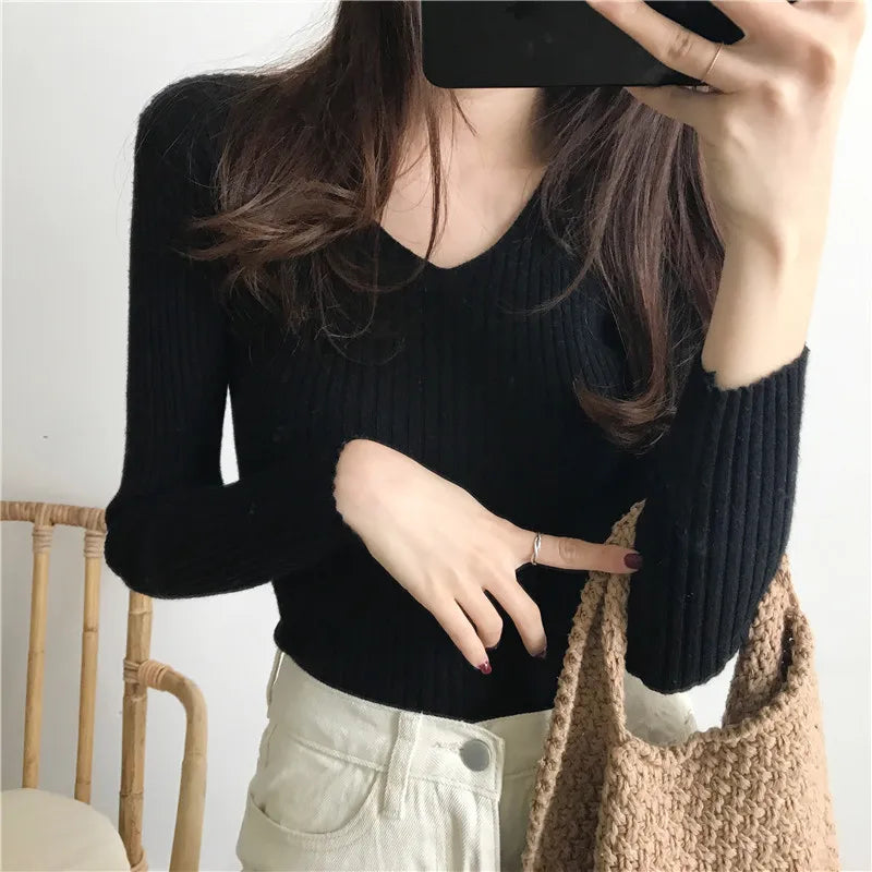 Koreanische Herbst V-ausschnitt Pullover Gestrickte Mode Pullover 2025, Schlank Winter Tops Für Frauen Pullover Jumper Pull Femme Truien Dames