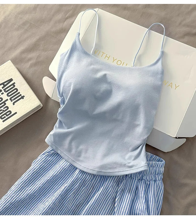Einfarbiger Pyjama mit Brustpolstern, gestreifte Shorts für Damen, Sommer, dünne Leibchen-Shorts, Loungewear, großer Pyjama, zweiteiliges Set