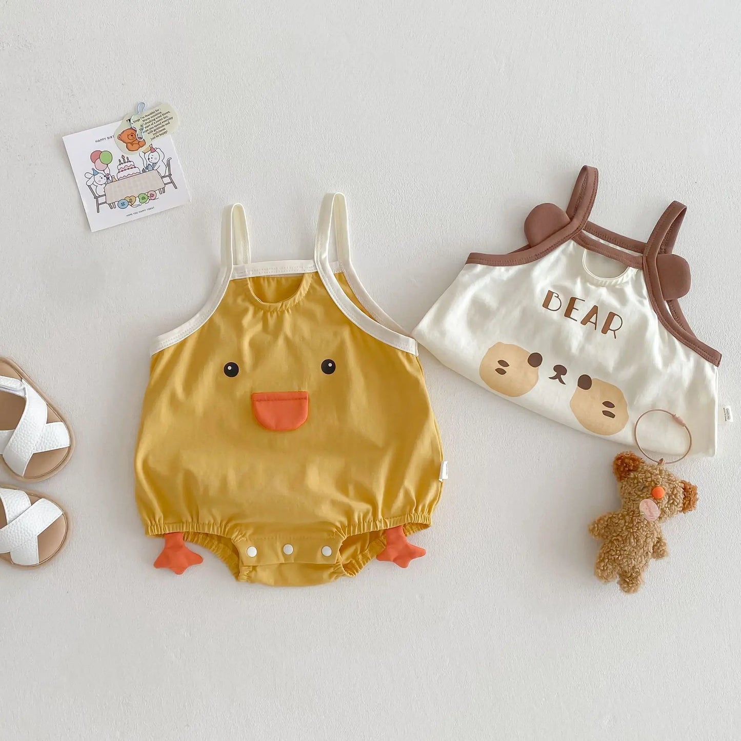 0–2 Jahre Baby-Strampler aus Baumwolle mit Tier-Cartoon-Motiv – bezaubernde Enten- und Bären-Designs – weich und bequem für Babykleidung