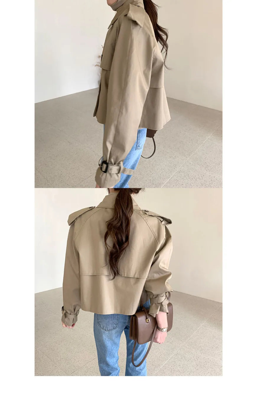 Vintage Zweireiher Graben Jacken Frauen Lose Chic Büro Dame Crop Tops Herbst Weibliche Mäntel Alle-spiel Lose Windjacke