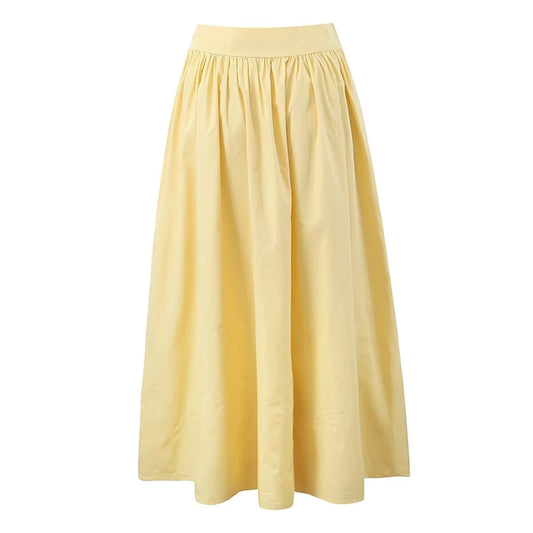 YENKYE 2025 Women Yellow White Cotton Big Swing Long Skirt Vintage High Waist Side Zipper A-line Summer Skirts Holiday.