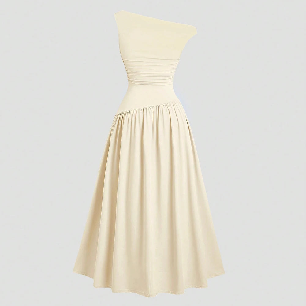 Mia Muse Kleider Sommer Französisch Einfarbig Asymmetrische Falten Ärmellose One-Shoulder Drapierte Midi Basics Kleider Für Frauen