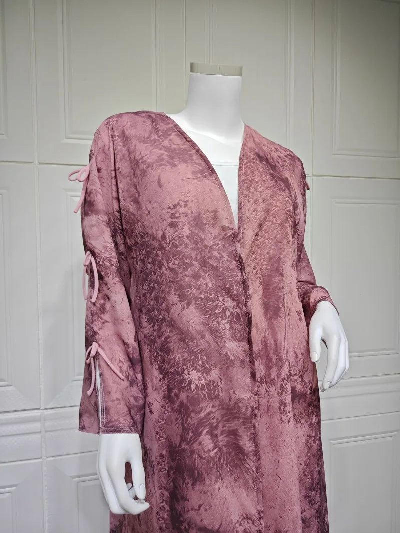 2025 sommer Arabisch Frauen Muslimische Kleidung Ramadan Dubai Offene Abaya Kleid mit Hijab Islam Gedruckt Chiffon 2 Stück Outfit