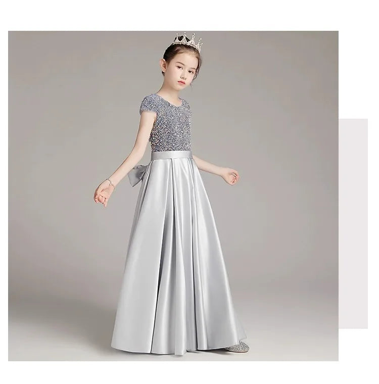 Mädchen-Klavierkleid, graues Pailletten-langes Performance-Kleid, Prinzessinnenkleid, Kinder-Host-Show-Performance-Kleid, Sommer