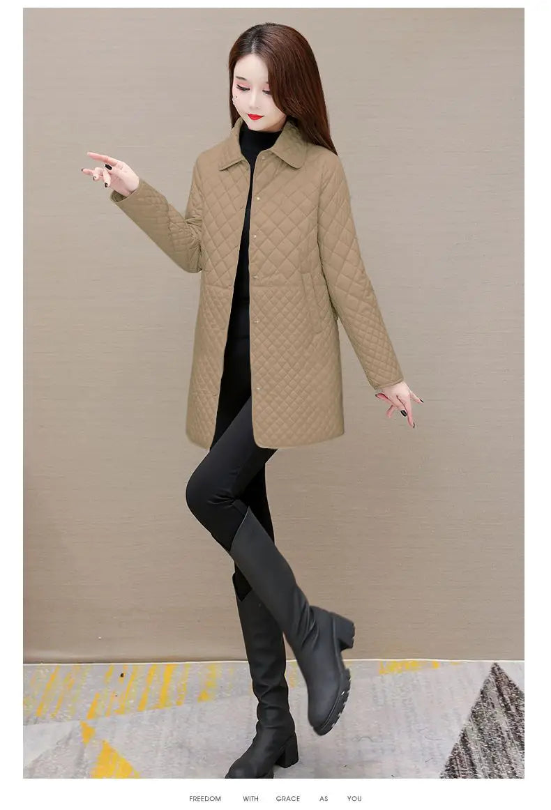 Herbst Winter Frauen Midi Plaid Stepp Mäntel Mode Weibliche Koreanische Kleidung Neue Feste Beiläufige Verdicken Warme Langarm Jacken