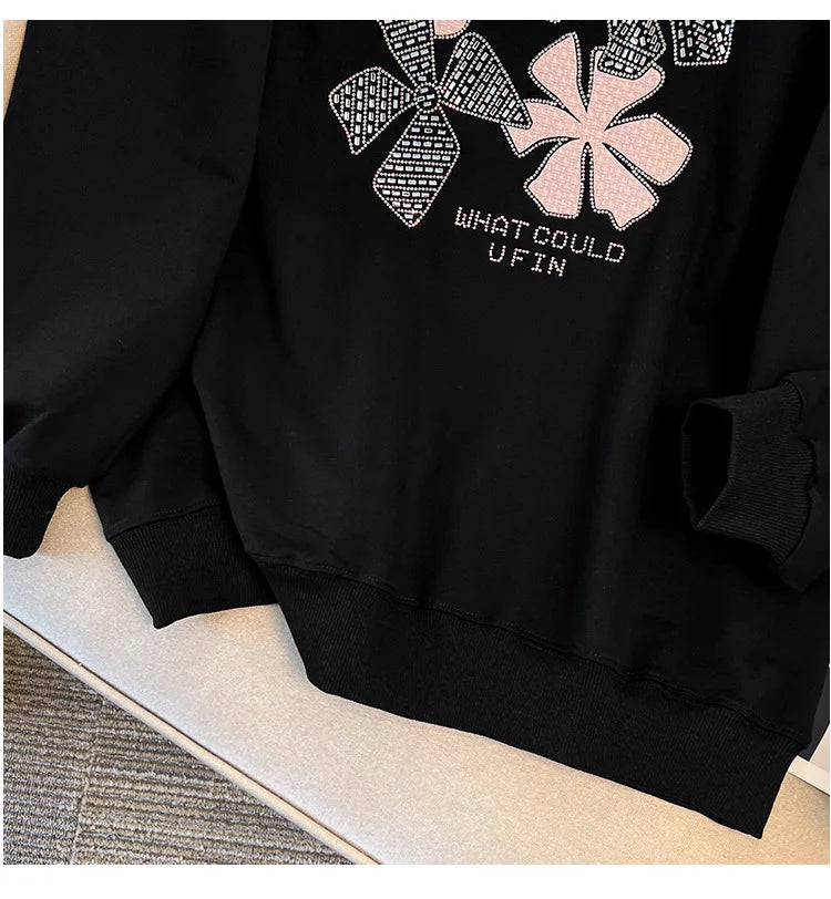 170 kg Plus Size Damen-Büste 170 Frühling Herbst Loose Diamond Collared Sweatshirt Schwarz 4XL 5XL 6XL 7XL 8XL 9XL