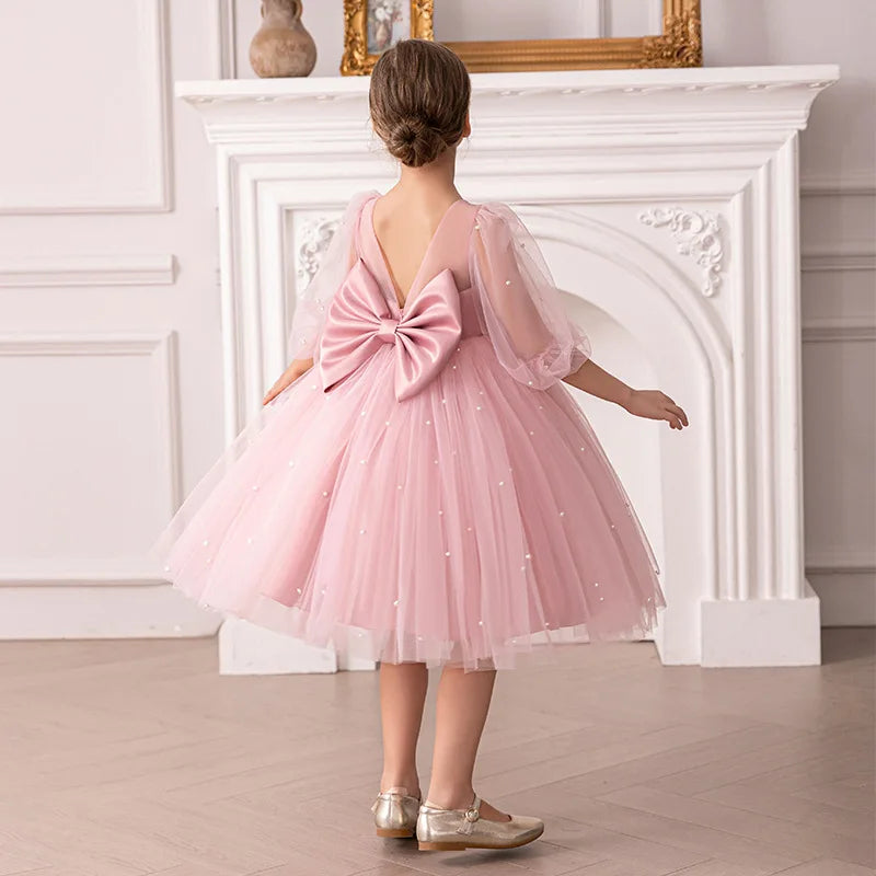 Kinder Kleider V-Rücken Große Schleife Perlen Prinzessin Kleid Geburtstag Party Tüll Kleid Für Mädchen Leistung Hochzeit Prom Flauschigen kleid