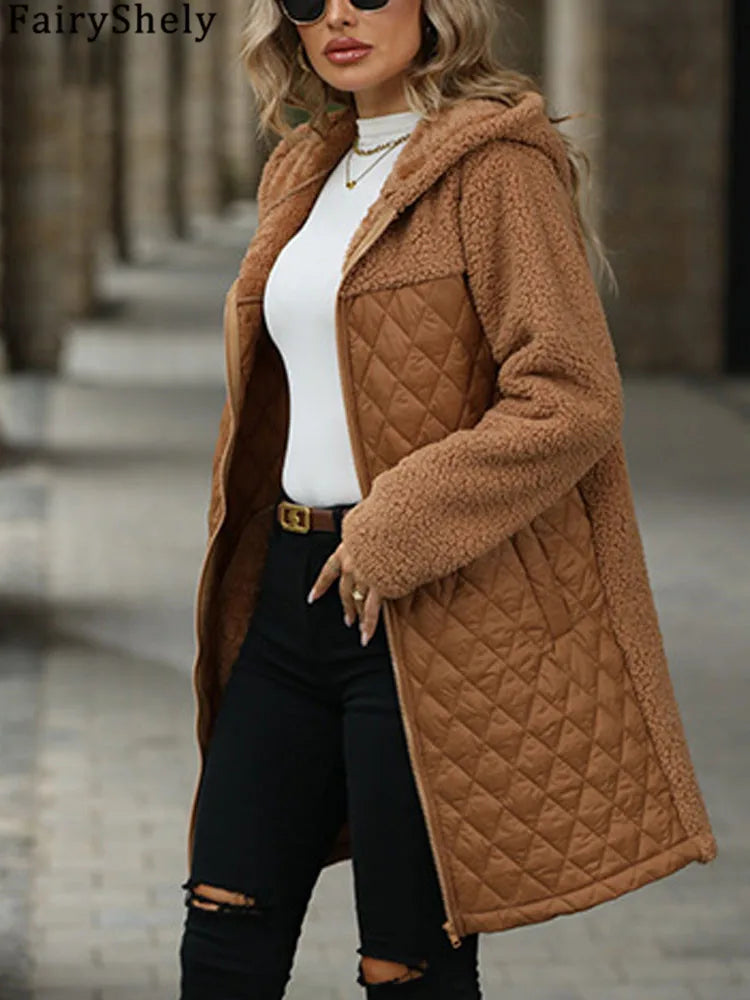 FairyShely 2025 Winter Solide Frauen Jacke Dicken Plüsch Mit Kapuze Warme Lange Hülse Langen Mantel Weiche Zipper Patchwork Strickjacke Dame Mantel