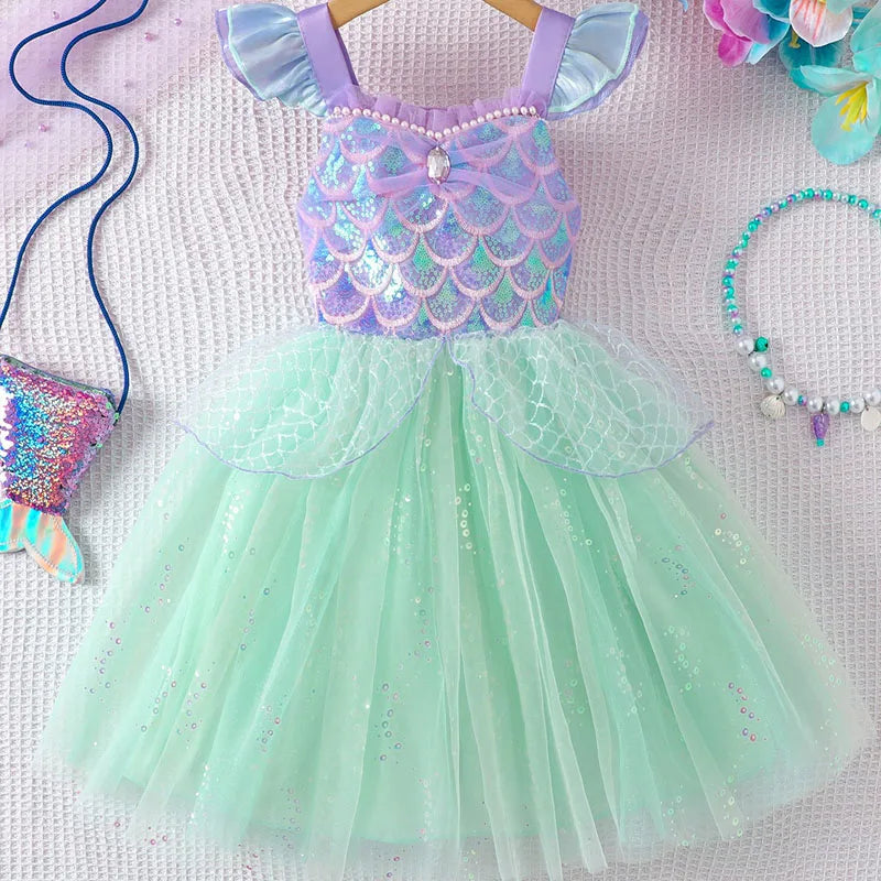Mädchen Prinzessin Kleider Meerjungfrau Motto Party Sling Mesh Rock Pailletten Leistung Kostüm Geburtstag Kinder Kleidung Perle Säuglings Kleid