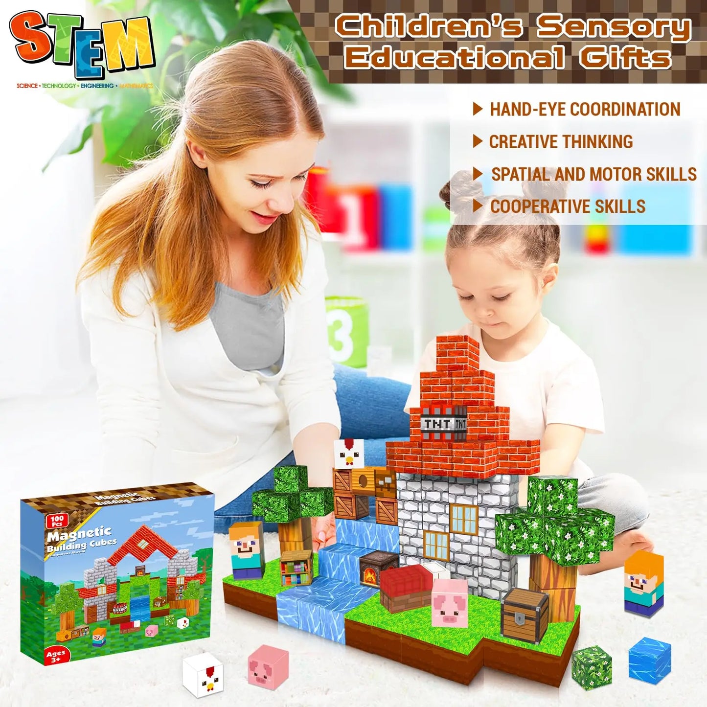 Magnetic Blocks 100PCS Magnetic Building Cube Game,Constructions Toys for Boys & Girls,STEM Montessori Stacking Toy for Children.