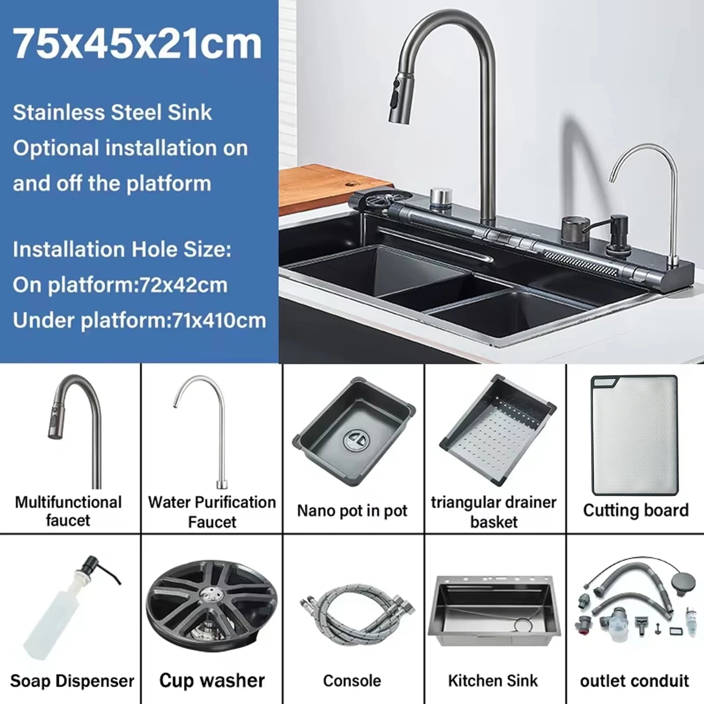 304 Stainless Steel Multifunctional Kitchen Sink Faucet Set Rainfall Spout Pull Out Sprayer Pure Tap Cold Hot Water Mixer