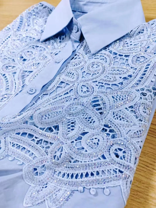 Luxury Brand Sparkle Sequins Hollow Out Embroidery Cotton Blue Blouses Shirts Women 2025 Fashion Long Sleeve Loose Casual Top.