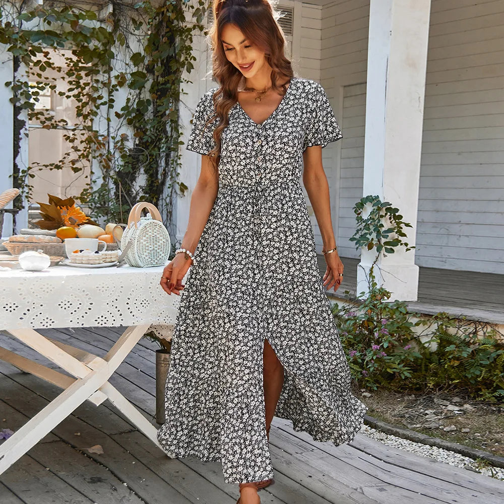 Damen Vintage Lange Blumen Druck Sommer Kleid Frauen Lose Beiläufige Taste Böhmischen Strand Kleid Frauen Sommerkleid Robe Vestidos Weibliche