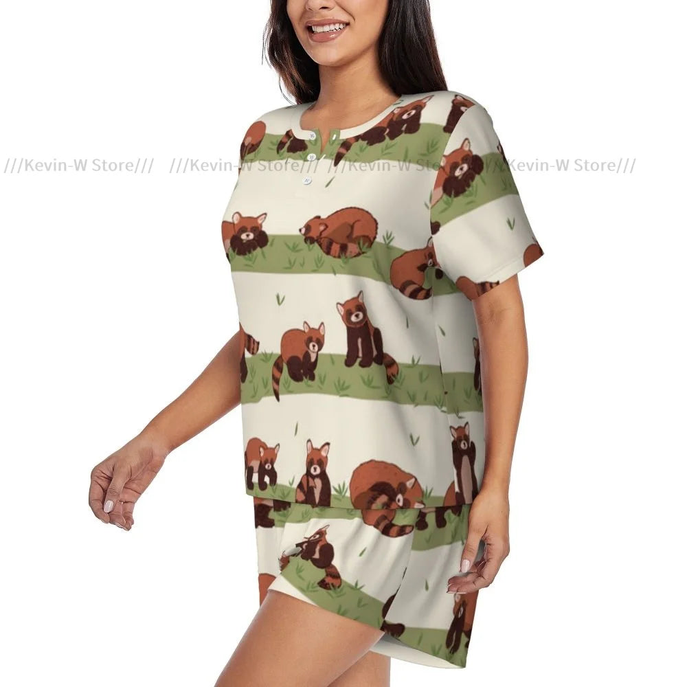 Damen-Pyjama mit kurzen Ärmeln, süßer roter Panda, 2-teilig, für Damen, Sommer-Nachtwäsche, Nachtwäsche, Homewear