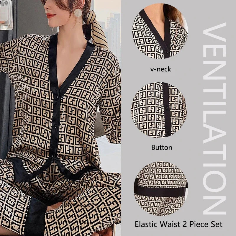 2PcsLarge Größe Frauen Pyjamas Set Gedruckt Homewear Eis Seide Lange Ärmeln Lange Hosen Student Pyjamas Schwarz Strickjacke kann Getragen Werden