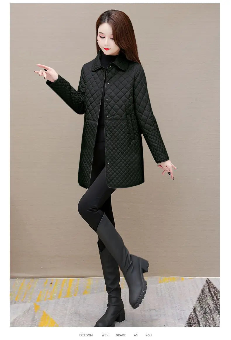 Herbst Winter Frauen Midi Plaid Stepp Mäntel Mode Weibliche Koreanische Kleidung Neue Feste Beiläufige Verdicken Warme Langarm Jacken