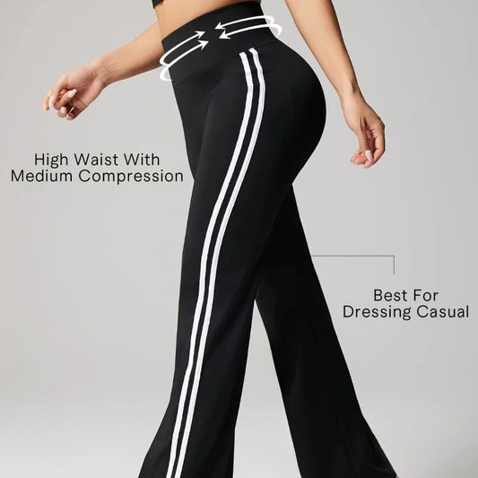 Womens High Waisted Yoga Fitness Leggings American Style Running Butt Lift Stretch Gym Workout Fashion Striped Flared Leggings.