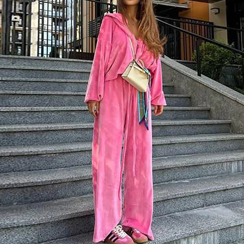 Women Autumn Hooded Coat Two Pieces Sets, Solid Patchwork Wide Leg Pants Chic Outfit, New Long Sleeve Casual Simple Ladies Suits