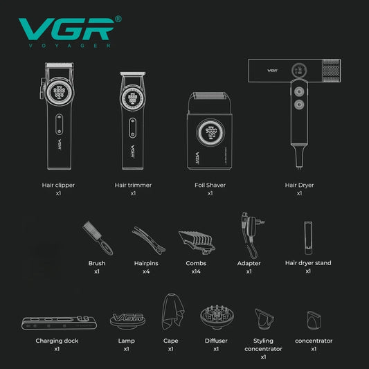 VGR Hair Trimmer Brushless Motor Clipper Professional Hair Dryer Beard Trimmer 4 IN 1 Multifunctional Barber Combo V-001 V-401.