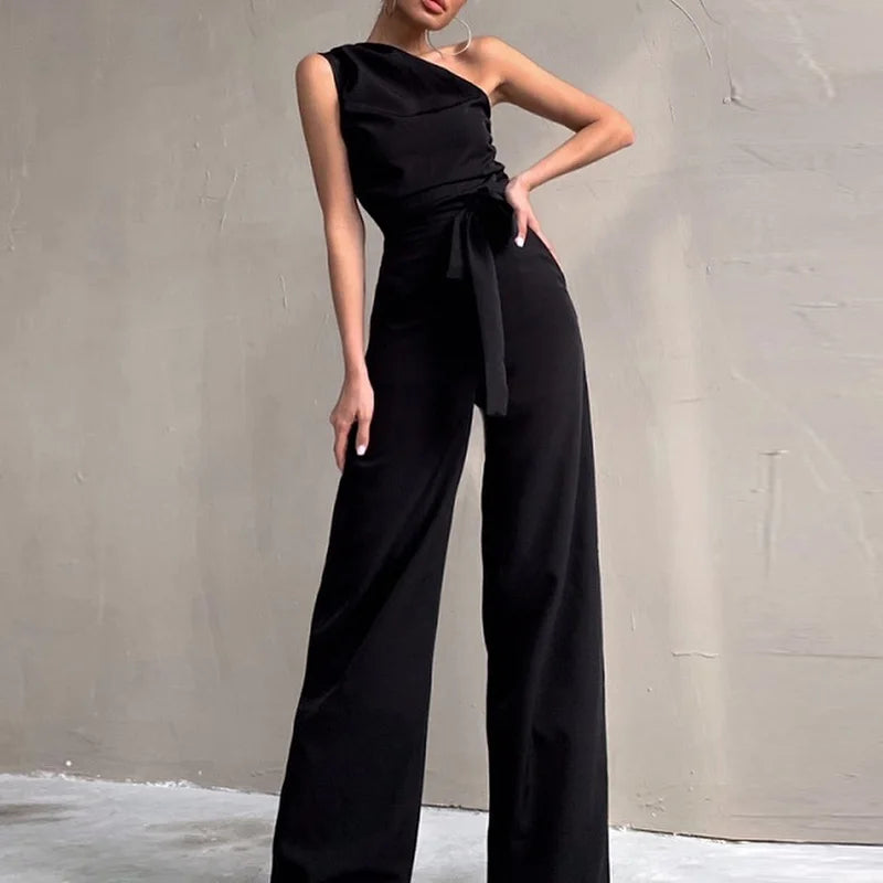 Women Elegant Slash Collar Straight Romper Sexy Off Shoulder Suit One Piece 2023 Fashion Lady High Waist Bow Solid Jumpsuits