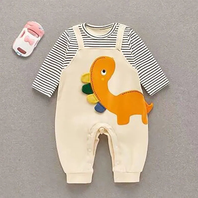 2024 herbst Baby Kleidung Neugeborenen Overall Infant Jungen Falsche 2 Stücke Streifen Patchwork Strampler Kleinkind Cartoon Dinosaurier Ein Stück.