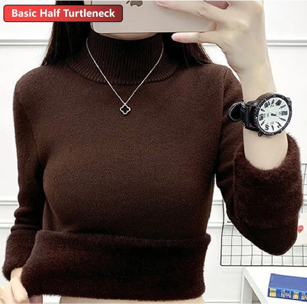 Pullover Für Frauen Winter Verdicken Rollkragen Schlank Stricken Pullover Neue Warme Plüsch Samt Gefüttert Strickwaren Jumper Tops Casual Poleras