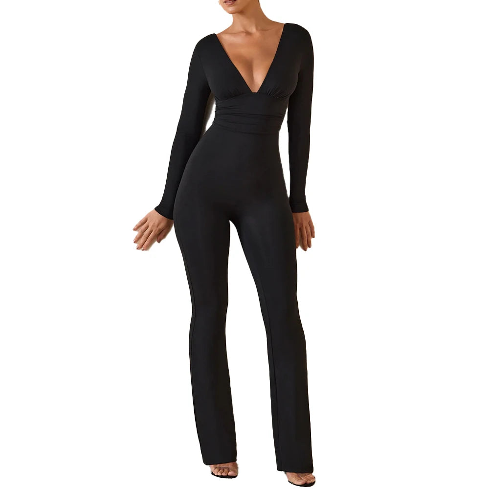 Schwarz Plissee Big Flare Overall Langarm V-ausschnitt Dünne Overall Hosen Frauen Sexy Schlanke Rückenfreie Langarm Hosen
